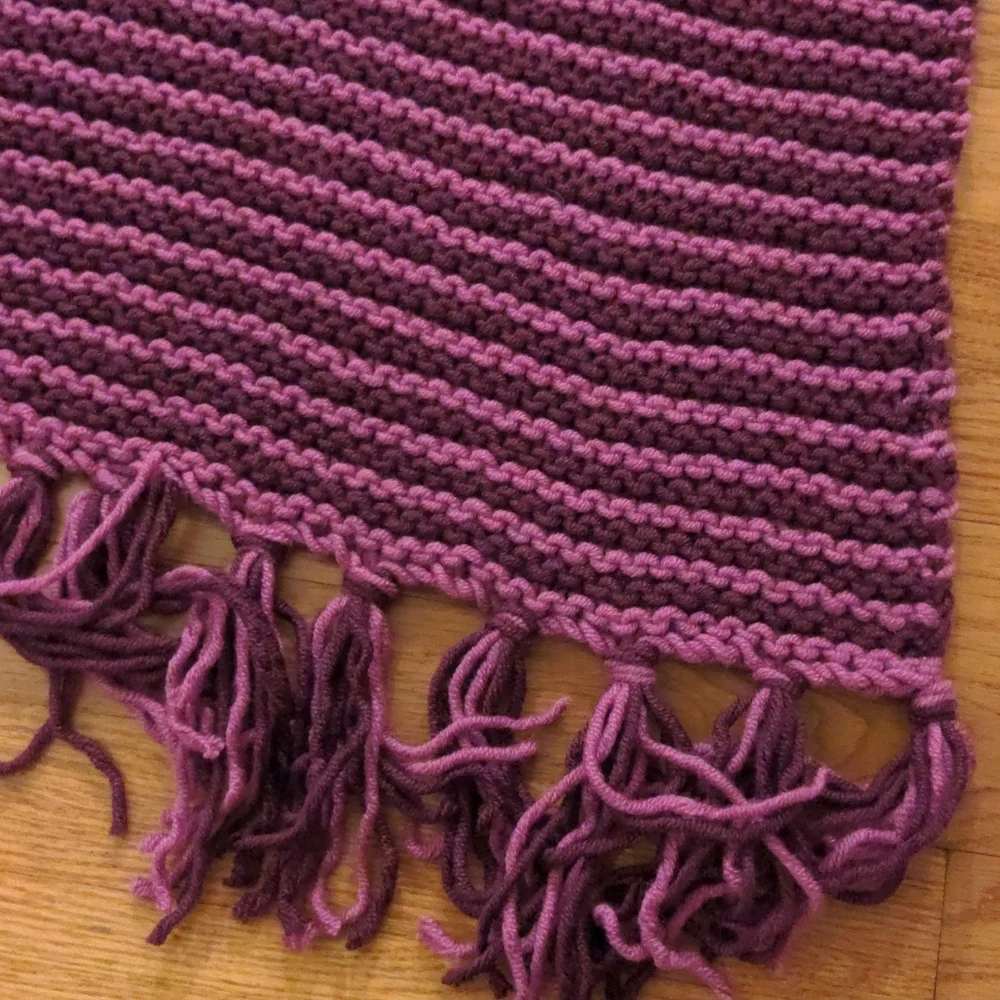 Hand Knit Plum and Fuschia Wool Acrylic Blend Blanket Scarf With FRINGE - Picture 5 of 8